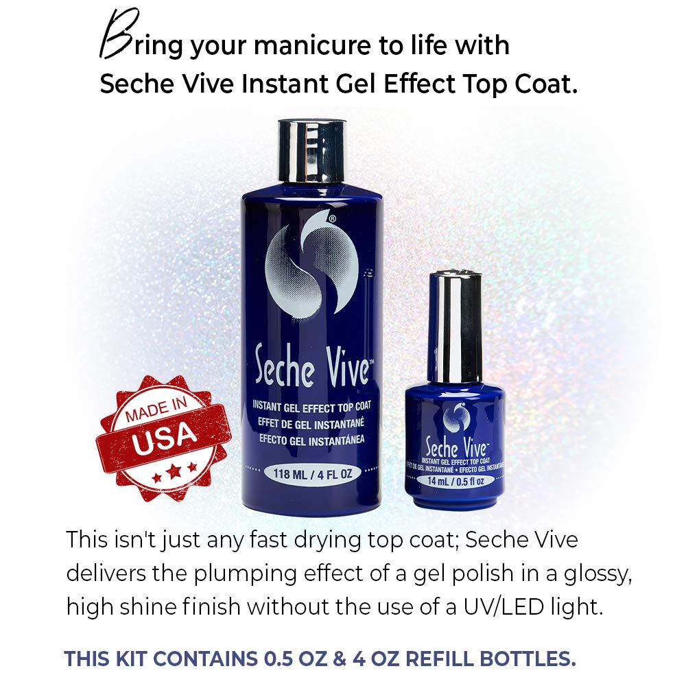 Seche Vive 4 oz and 0.5 oz bottles side-by-side showing refill convenience
