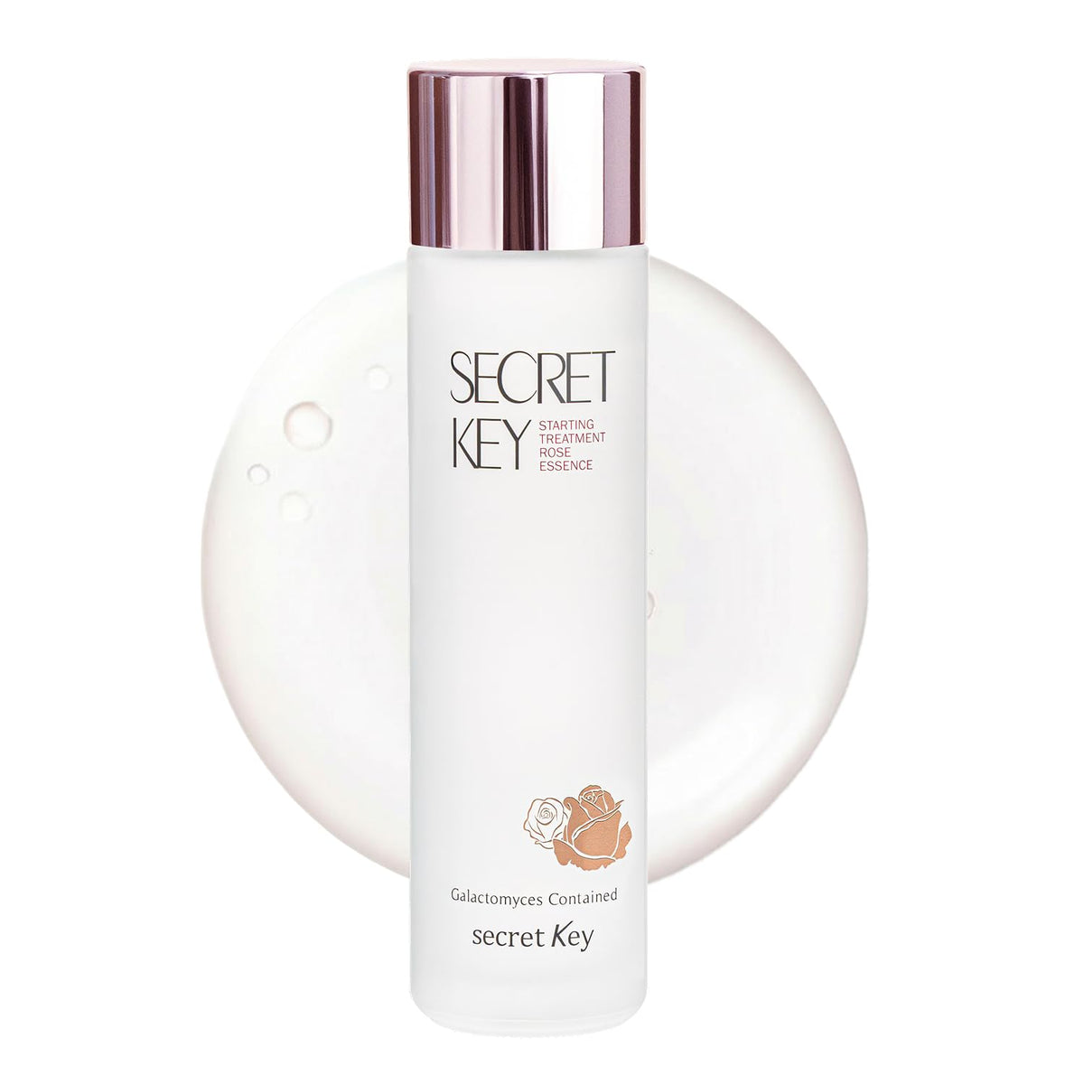 Secret Key bottle front view showing elegant rose essence packaging and hydration benefit