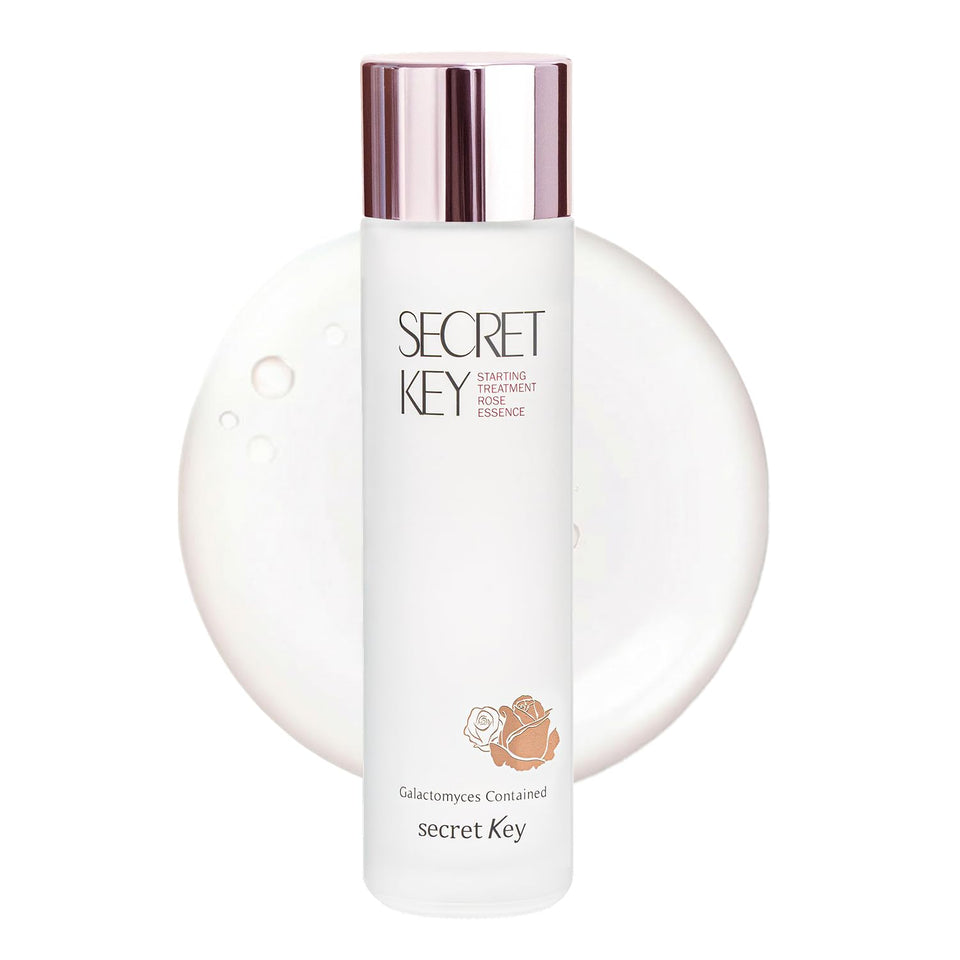 Secret Key bottle front view showing elegant rose essence packaging and hydration benefit