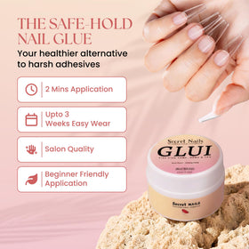 Secret Nails GLUI 15ml bottle close-up, precise applicator for neat placement