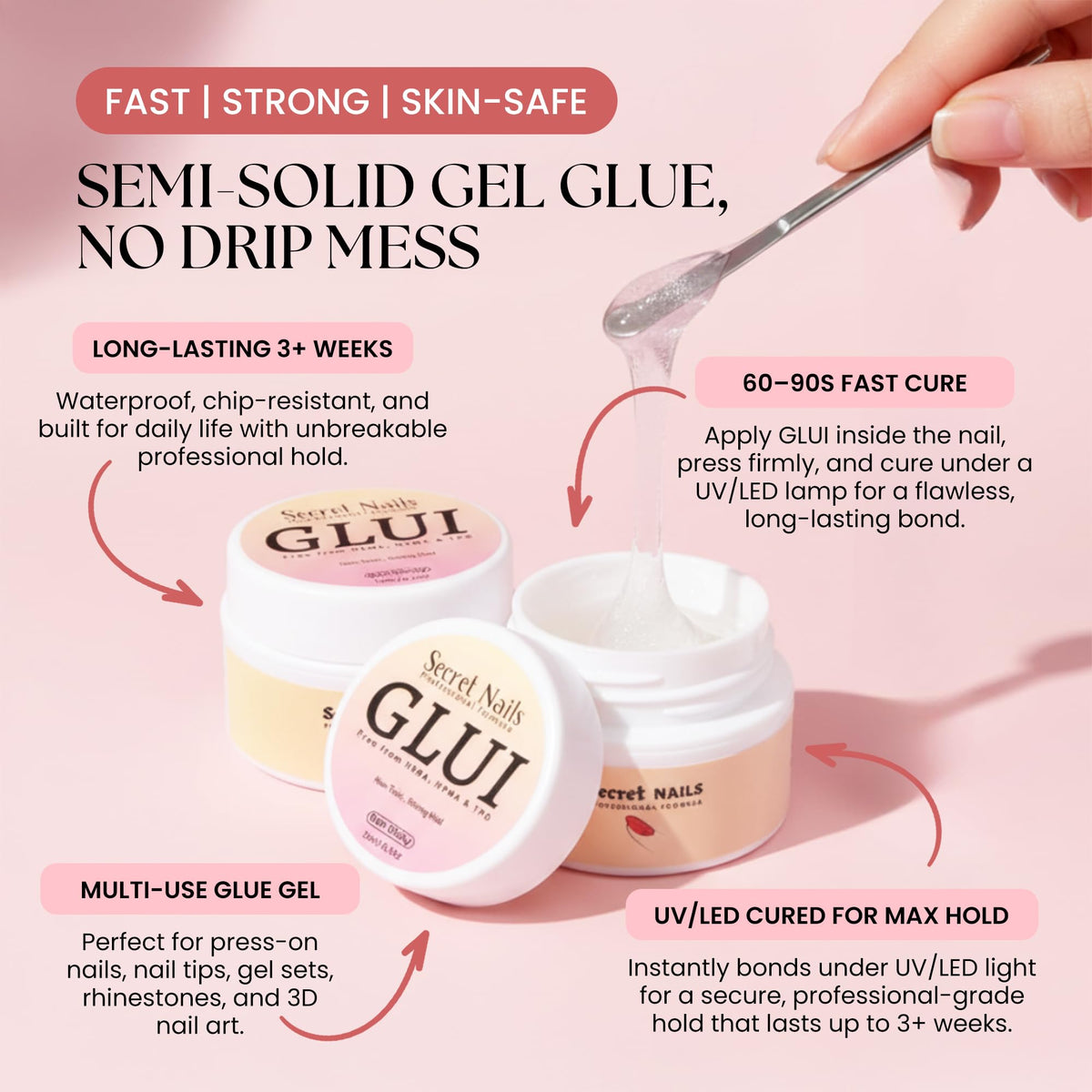 Secret Nails GLUI applied to a press-on nail, reliable bond for long-lasting wear