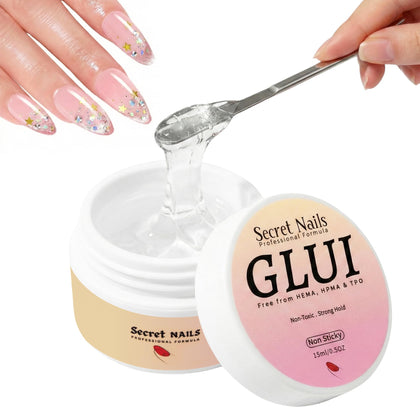 Secret Nails GLUI front packaging showing bottle and label, clear professional appearance