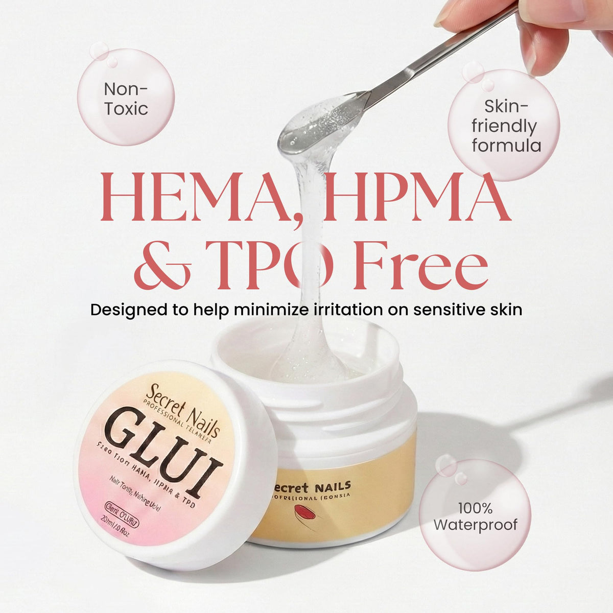Secret Nails GLUI ingredients label close-up, transparent formulation information