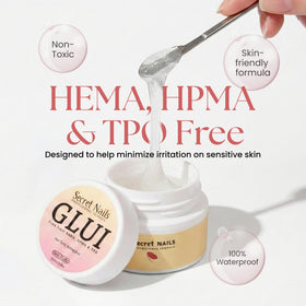 Secret Nails GLUI ingredients label close-up, transparent formulation information