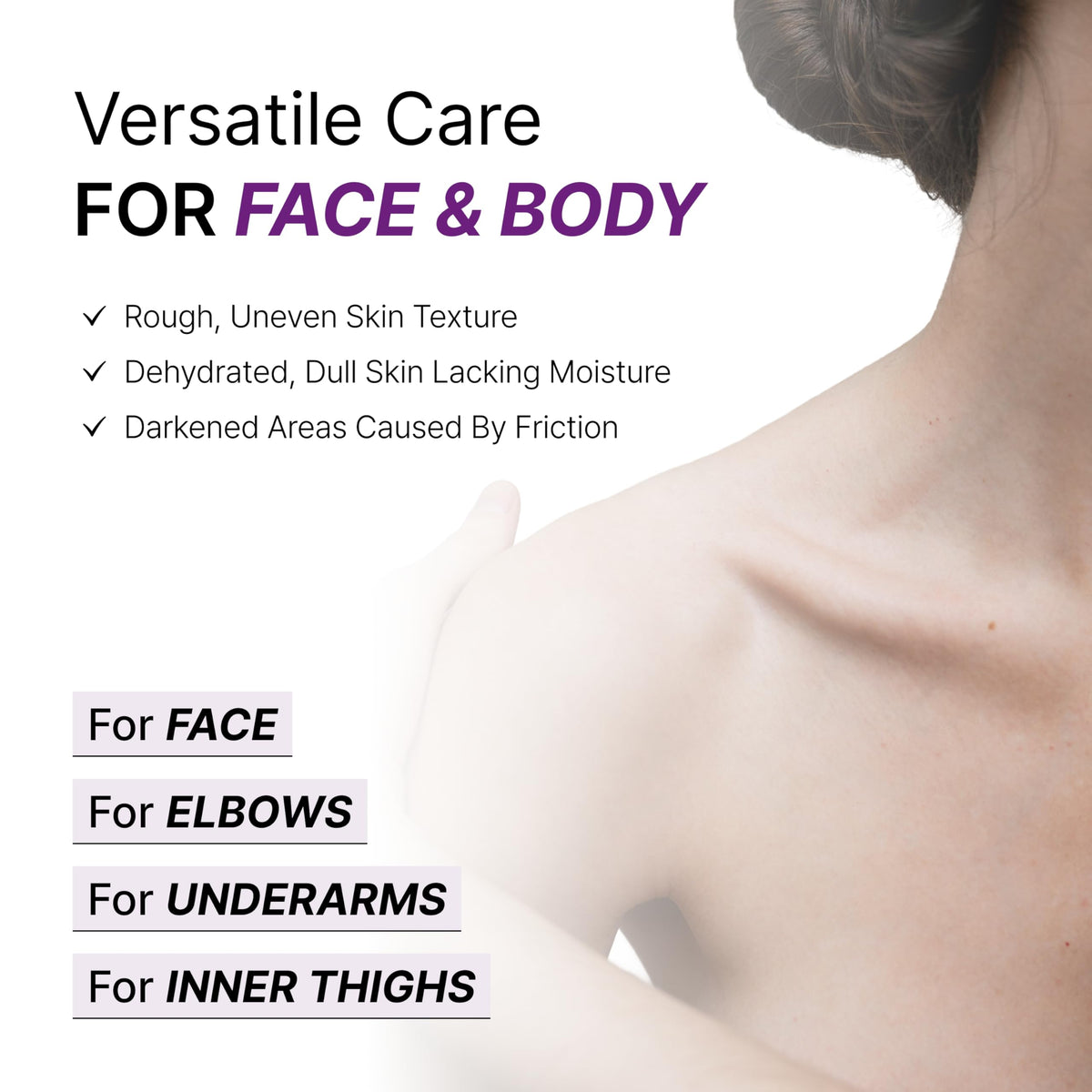 Secret Key gel shown on elbow and knee to illustrate smoothing and hydration benefits