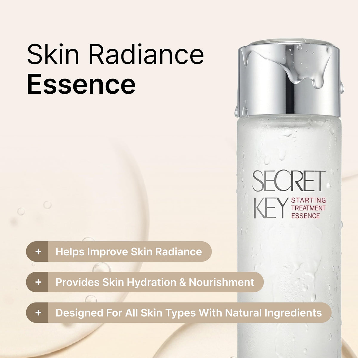 Secret Key pouring essence on hand showing quick absorption and hydration