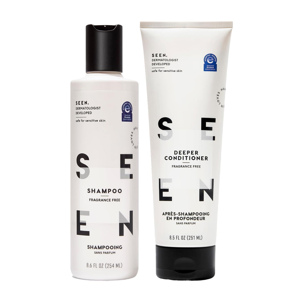 SEEN front packaging showing both bottles and gentle, fragrance-free benefits