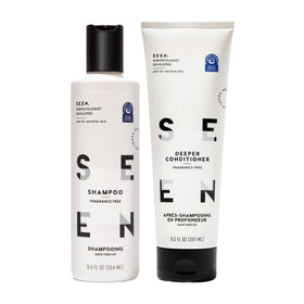 SEEN front packaging showing both bottles and gentle, fragrance-free benefits