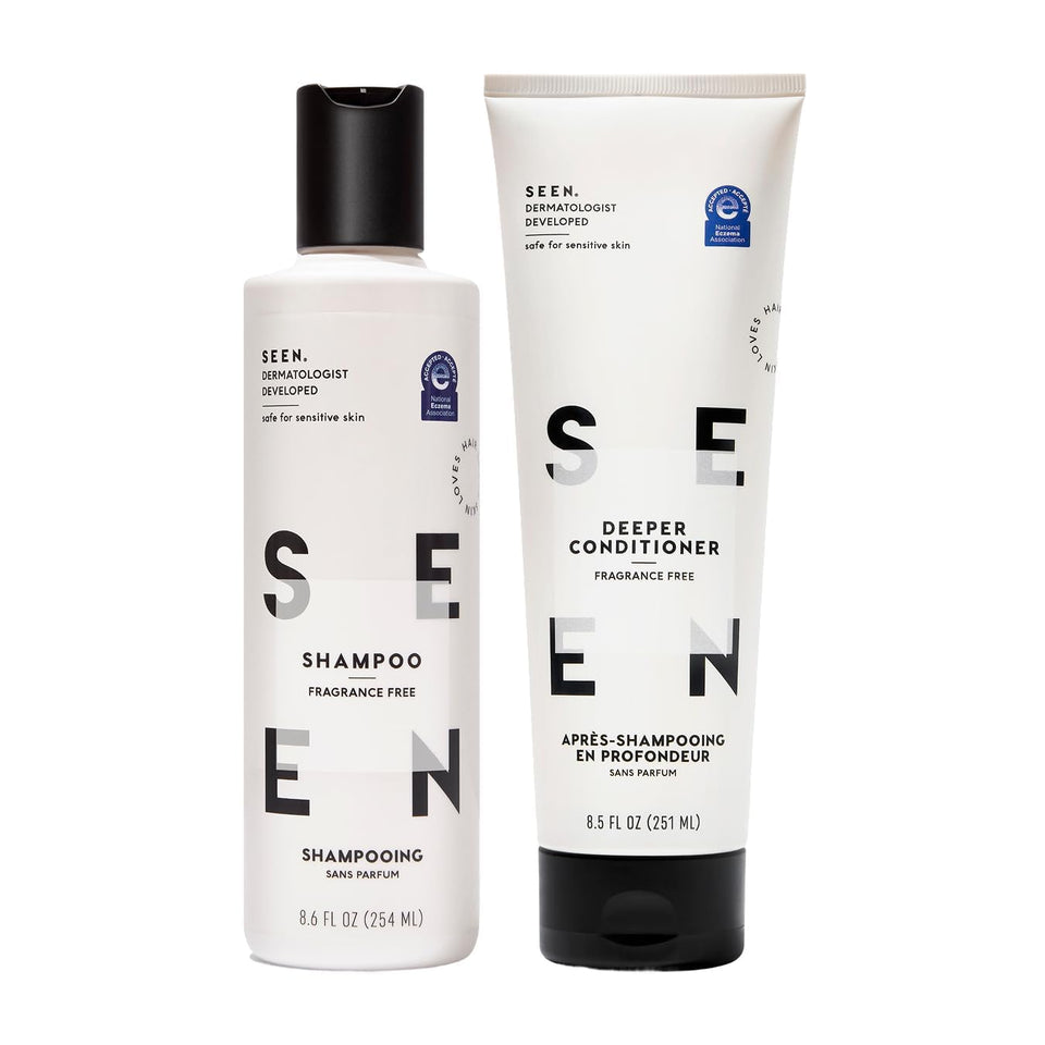 SEEN front packaging showing both bottles and gentle, fragrance-free benefits