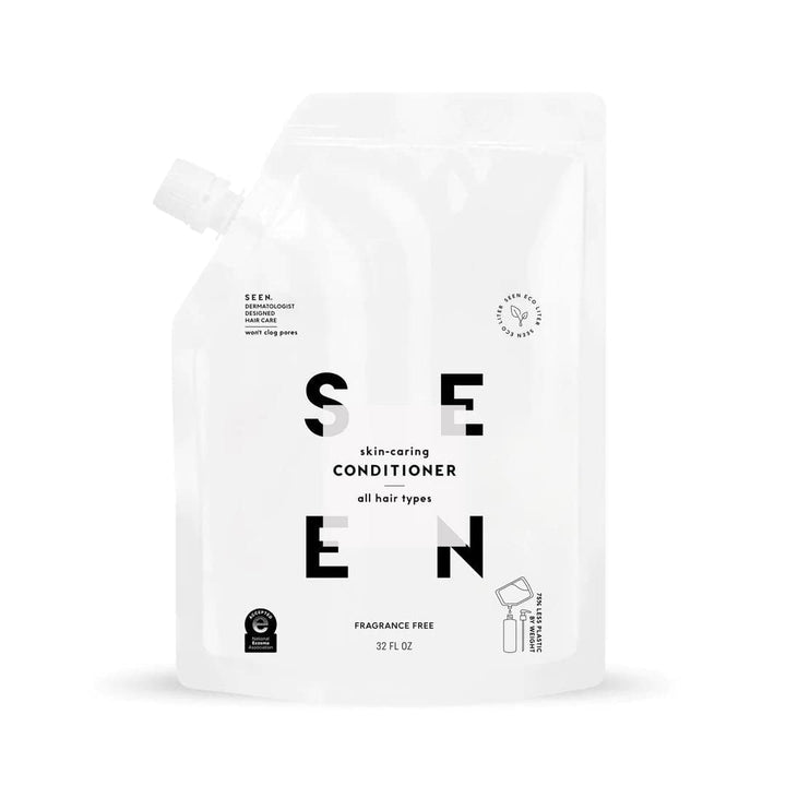 SEEN eco-refill pouch front view showing minimal packaging and refill benefit