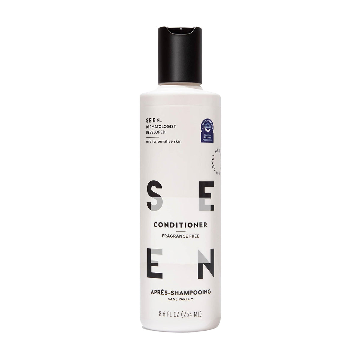 SEEN conditioner front packaging showing clean bottle and label, promotes gentle care