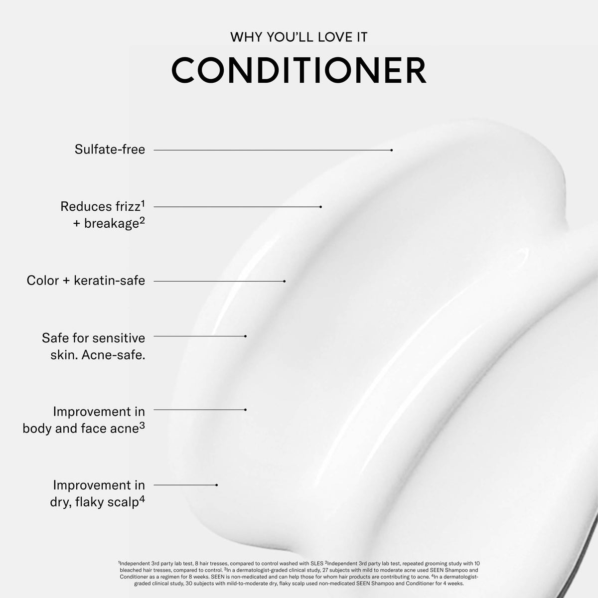 SEEN conditioner texture cream on palm demonstrating lightweight smoothness