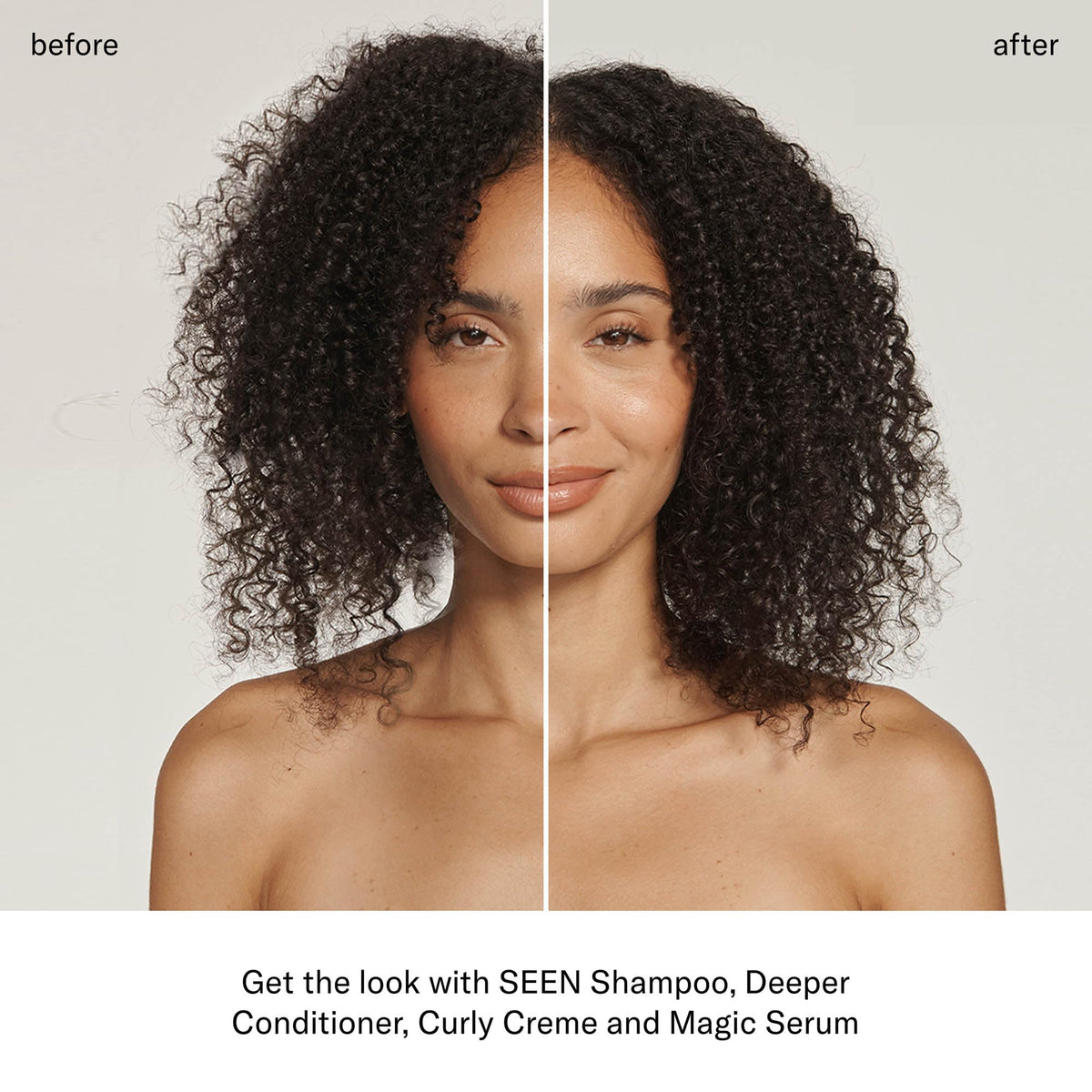 SEEN product in hand applying to damp hair for easy styling