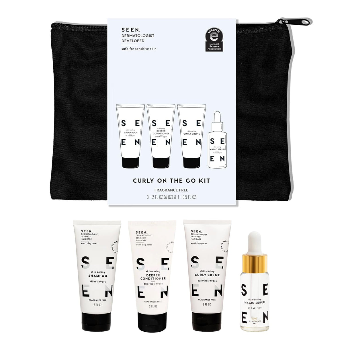 SEEN front packaging of the Curly On The Go Kit showing travel bottles and brand