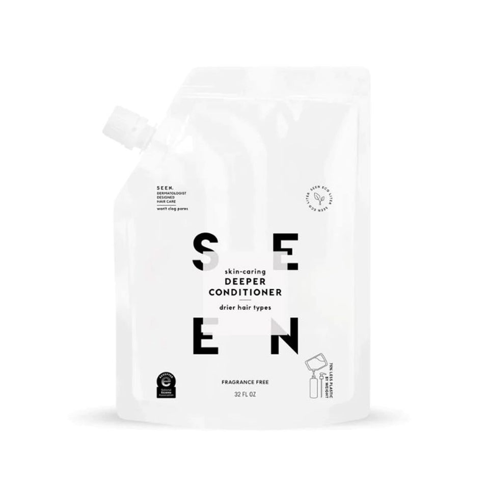SEEN eco-refill pouch front view showing product branding and fragrance-free label, reduces plastic waste