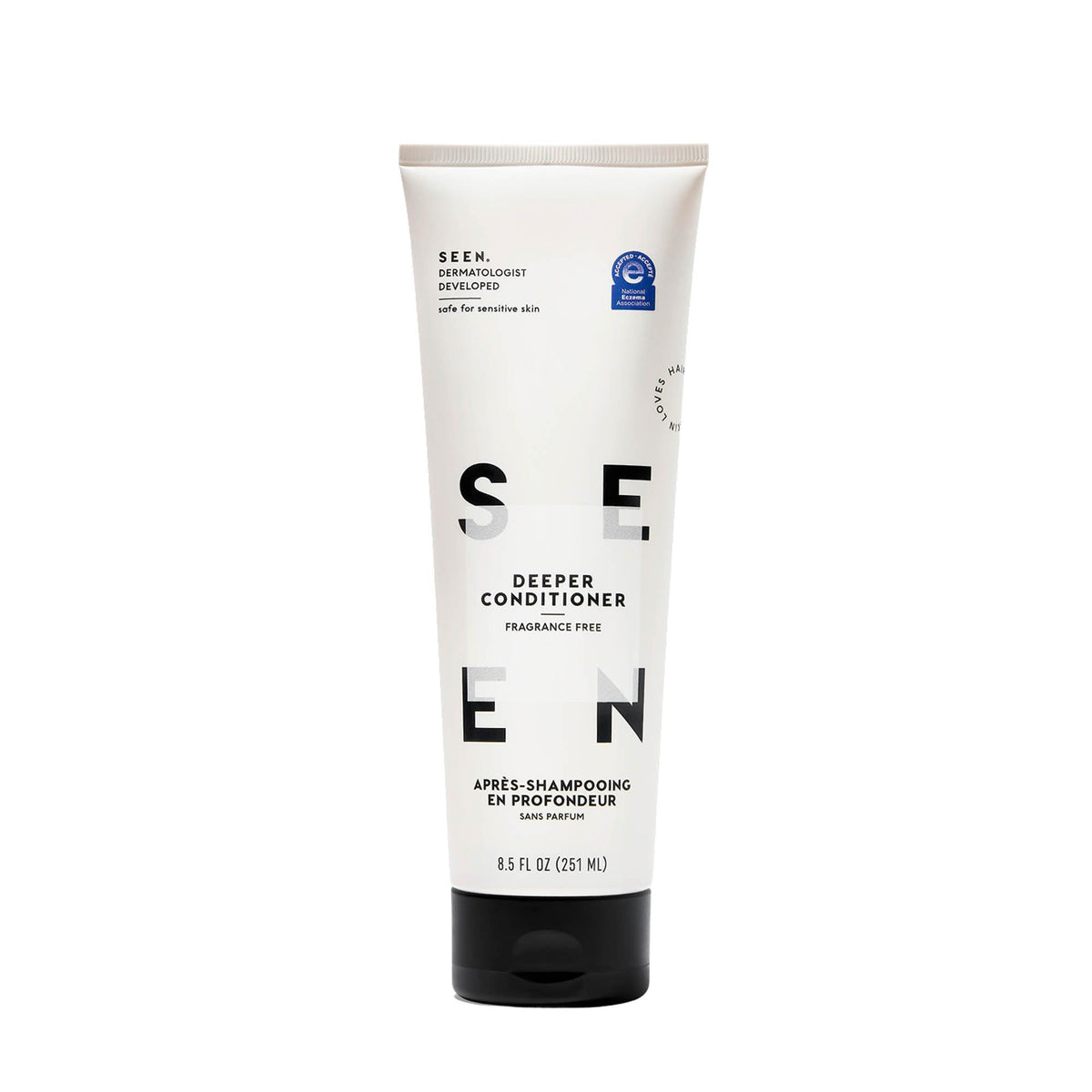 SEEN conditioner front packaging showing fragrance-free formula benefits