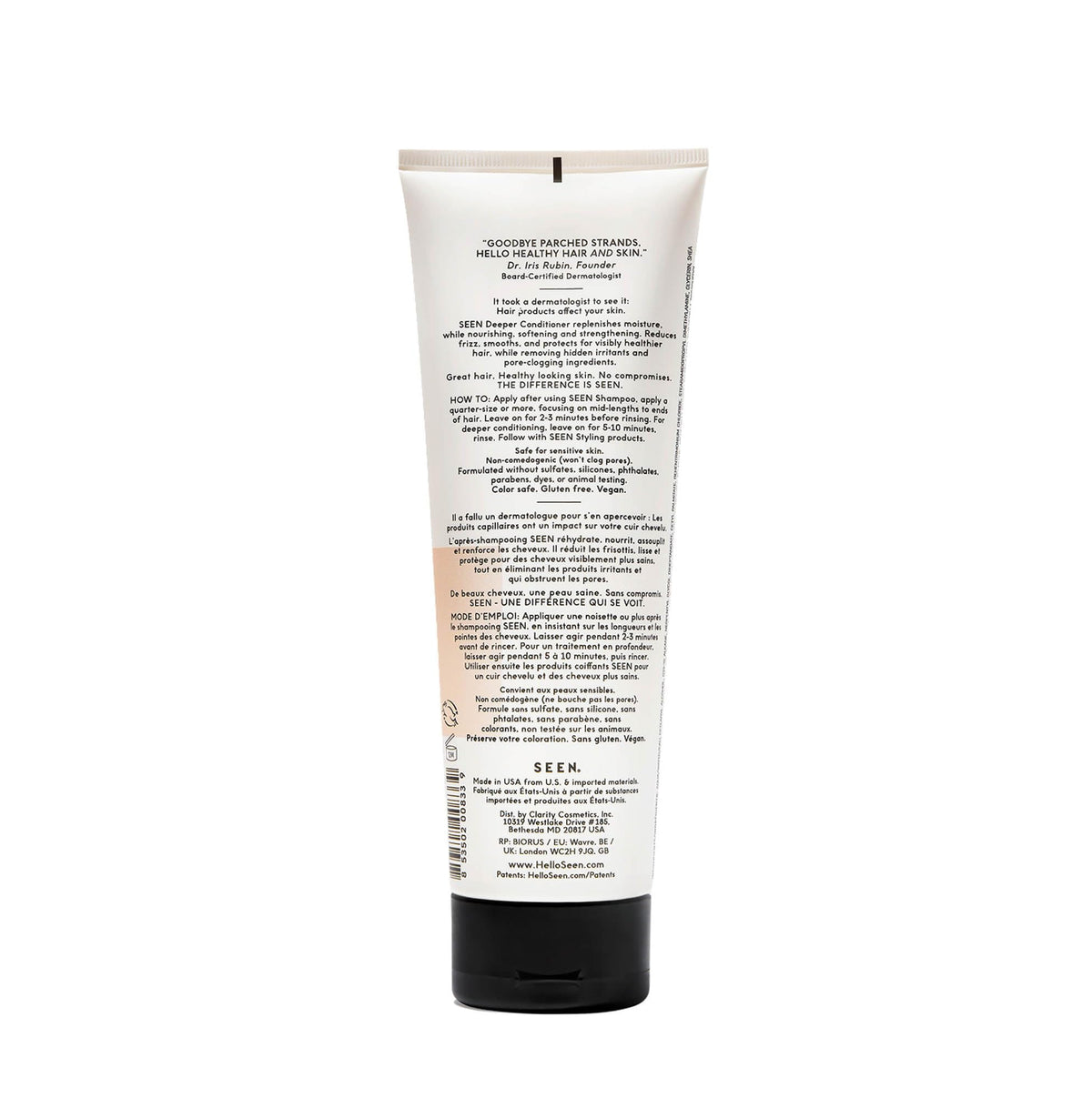 SEEN pump and label detail highlighting dermatologist-developed formulation benefit