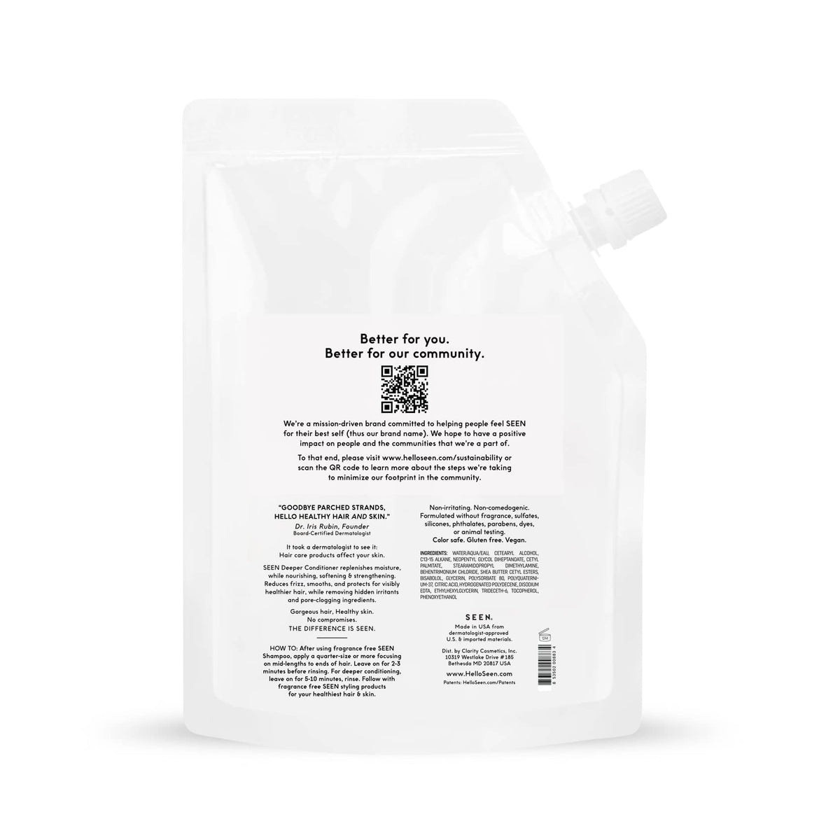 SEEN refill pouch close-up of pour spout, easy refill and spill-free transfer to bottle