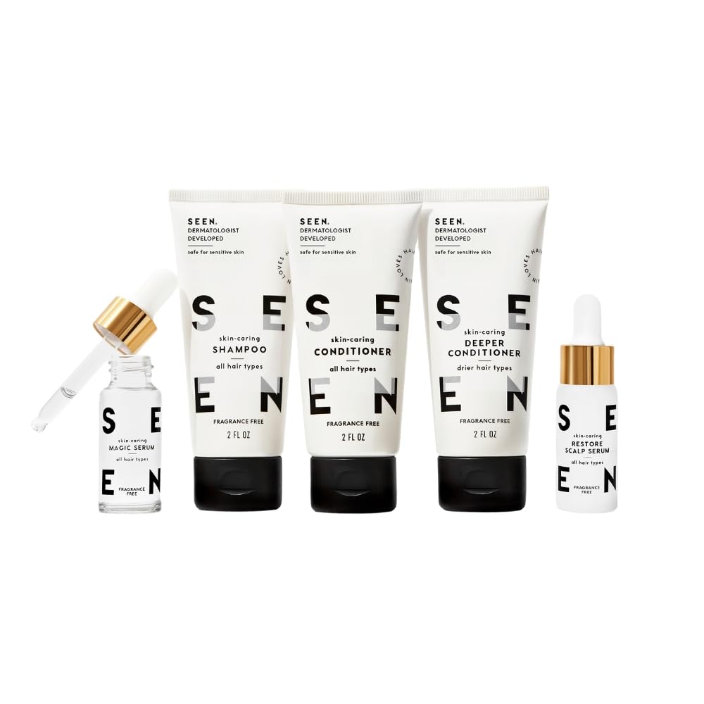 SEEN discovery kit front packaging shows mini bottles and clear labels, travel-ready benefit