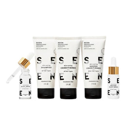 SEEN discovery kit front packaging shows mini bottles and clear labels, travel-ready benefit