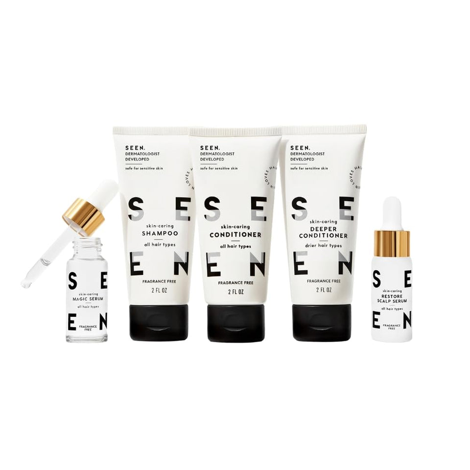 SEEN discovery kit front packaging shows mini bottles and clear labels, travel-ready benefit