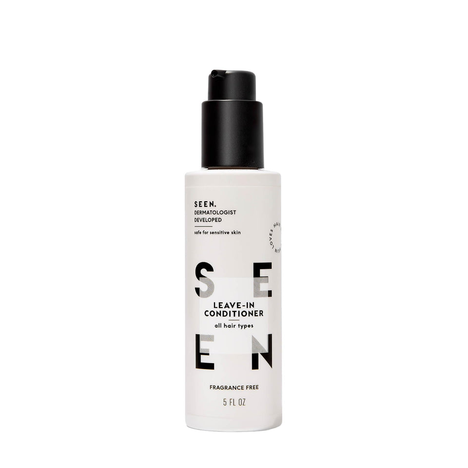 SEEN bottle front view showing fragrance-free label and clear benefit