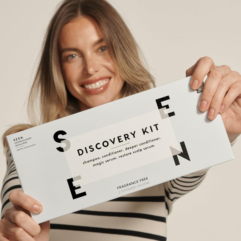 SEEN kit on a bathroom shelf in a soft-light setting, routine-friendly and gentle benefit