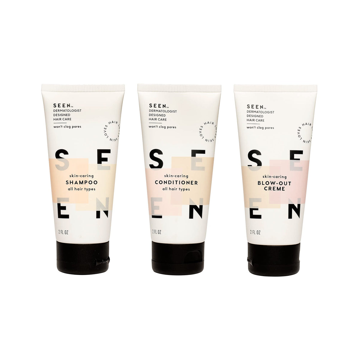 SEEN mini shampoo, conditioner, and blow-out cream displayed to show TSA sizes