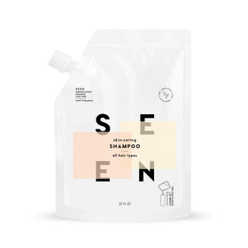 SEEN eco-refill front pouch showing label and scent benefits