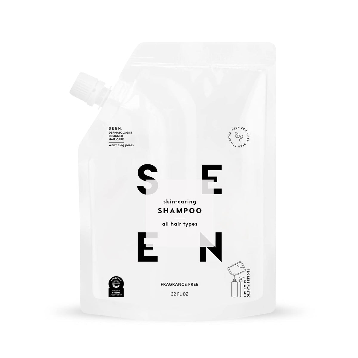 SEEN eco-refill pouch front view showing packaging and label benefits