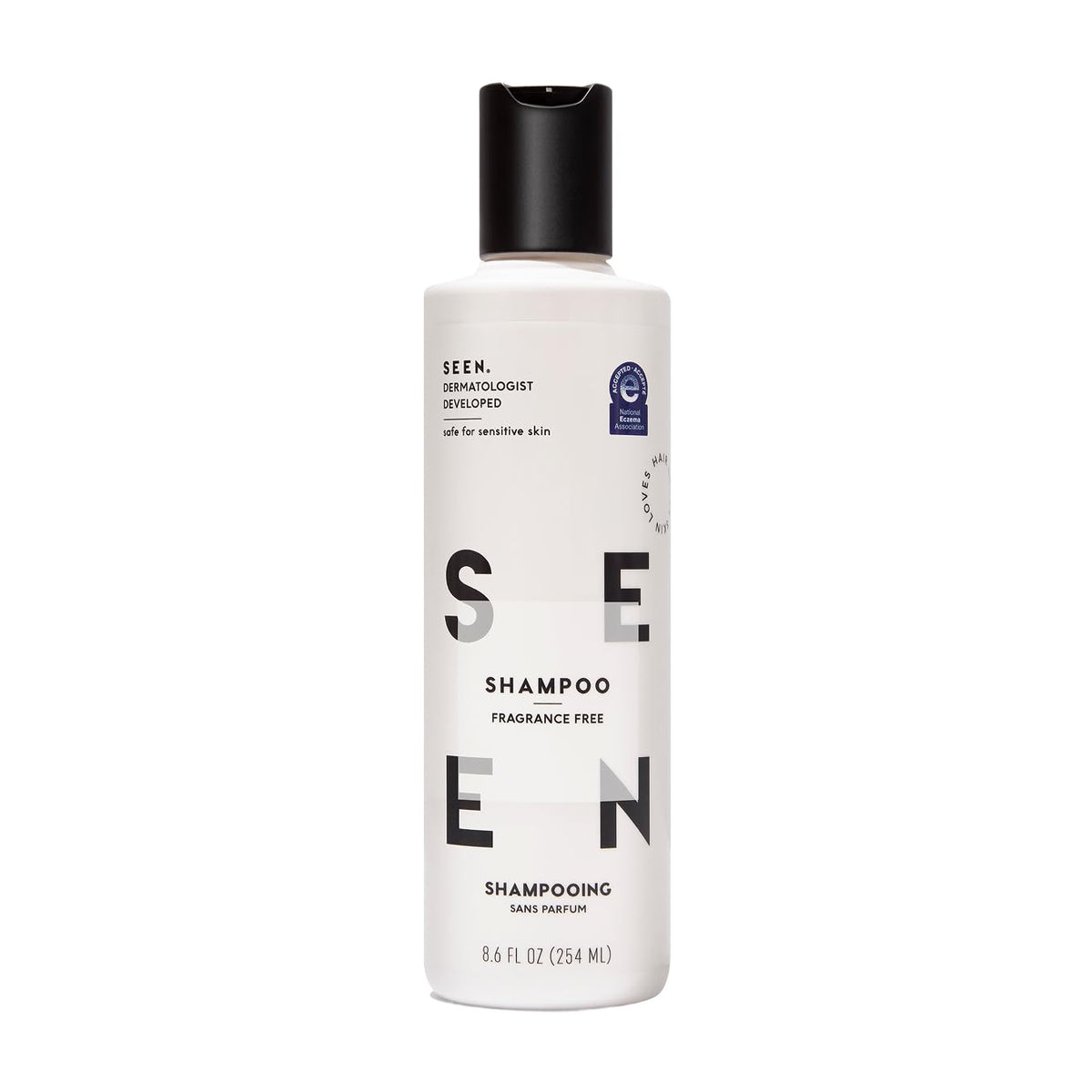 SEEN shampoo front bottle view showing clean design and gentle formula benefit
