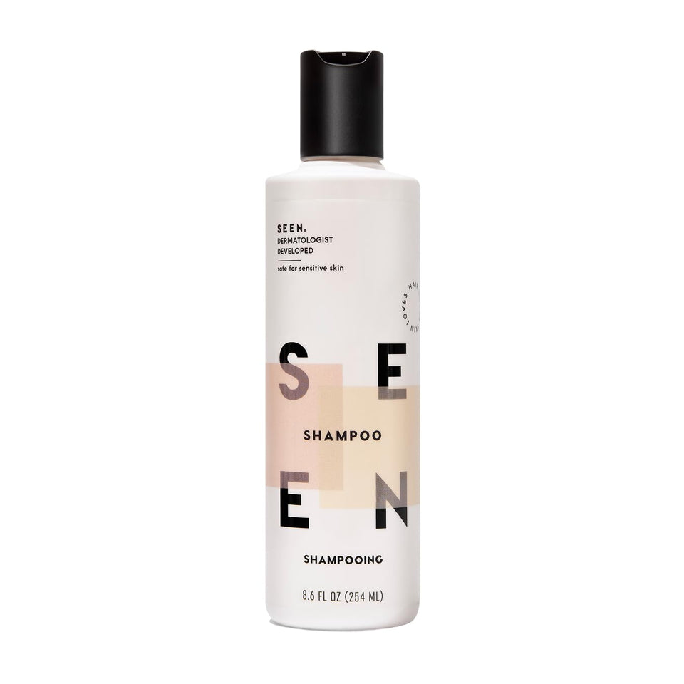 SEEN shampoo front bottle showing clean packaging and benefit
