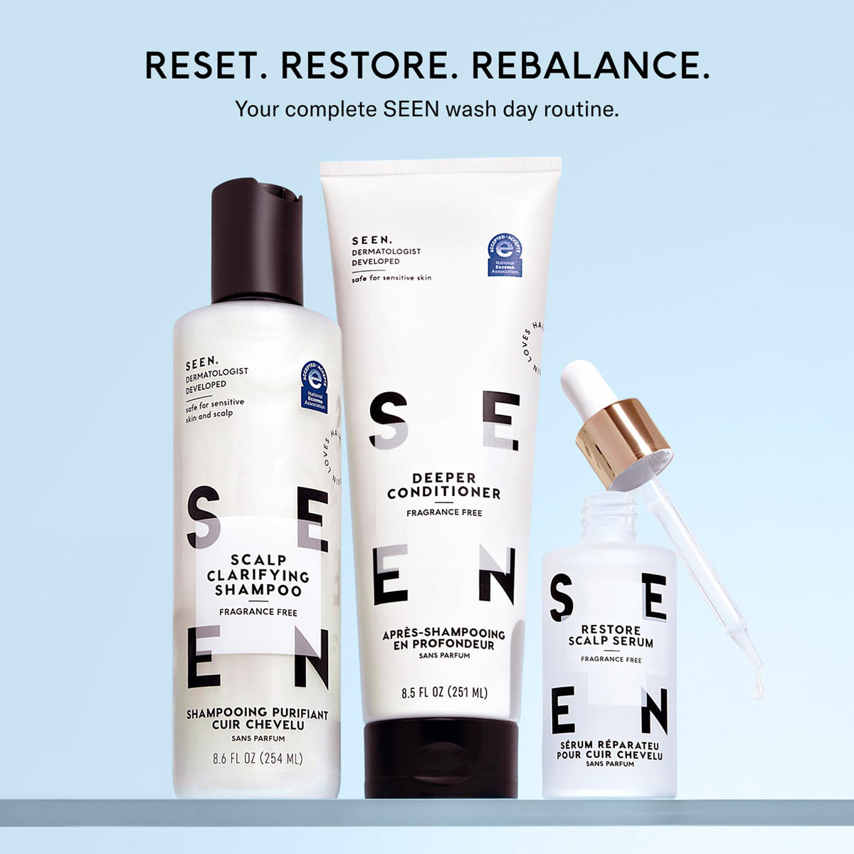 SEEN shampoo staged on bathroom shelf creating calm skincare routine