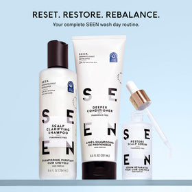 SEEN shampoo staged on bathroom shelf creating calm skincare routine