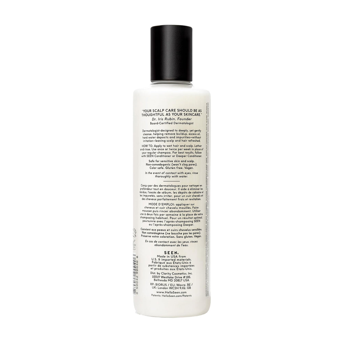 SEEN shampoo pump and label close-up highlighting ingredient claims