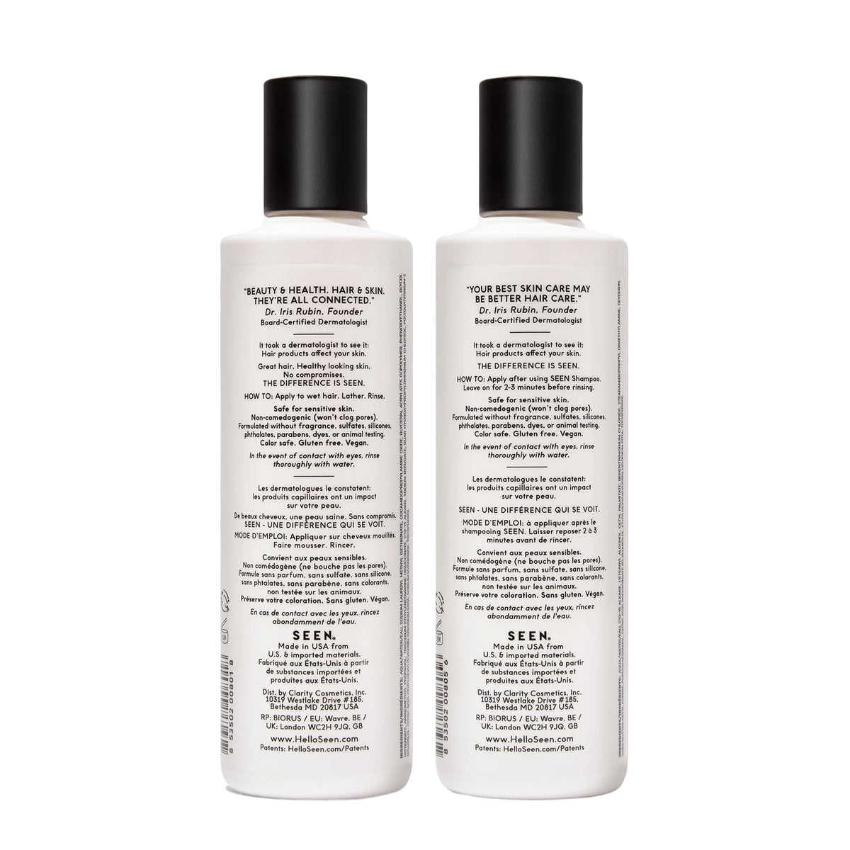 SEEN shampoo pump close-up highlighting gentle lather benefits