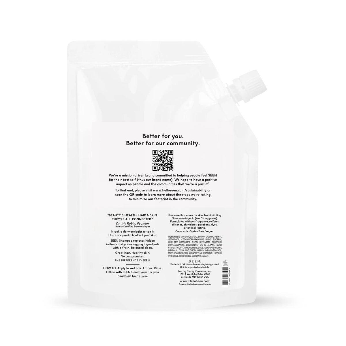 SEEN pouch being poured into bottle demonstrating easy refill benefit