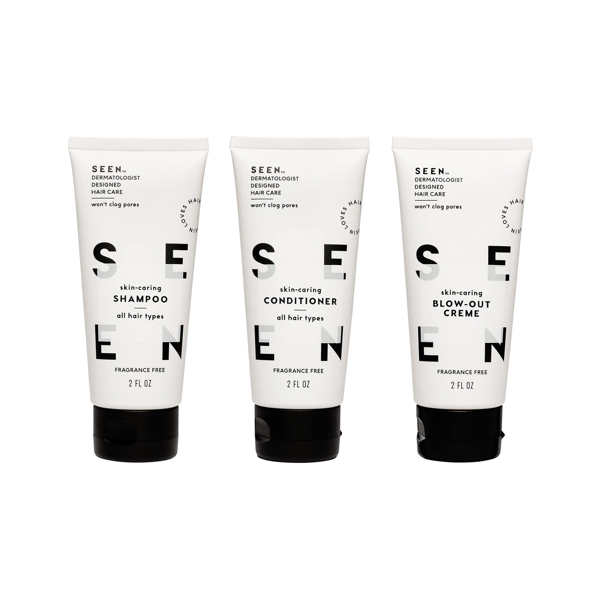 SEEN close-up bottle label highlighting fragrance-free, dermatologist-developed benefits