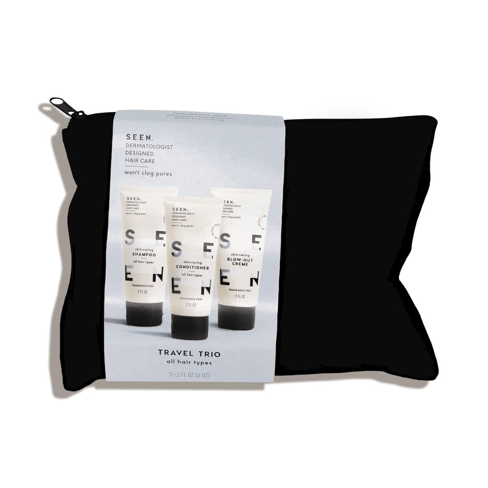 SEEN front-packaging showing travel trio for calm skin and smooth hair