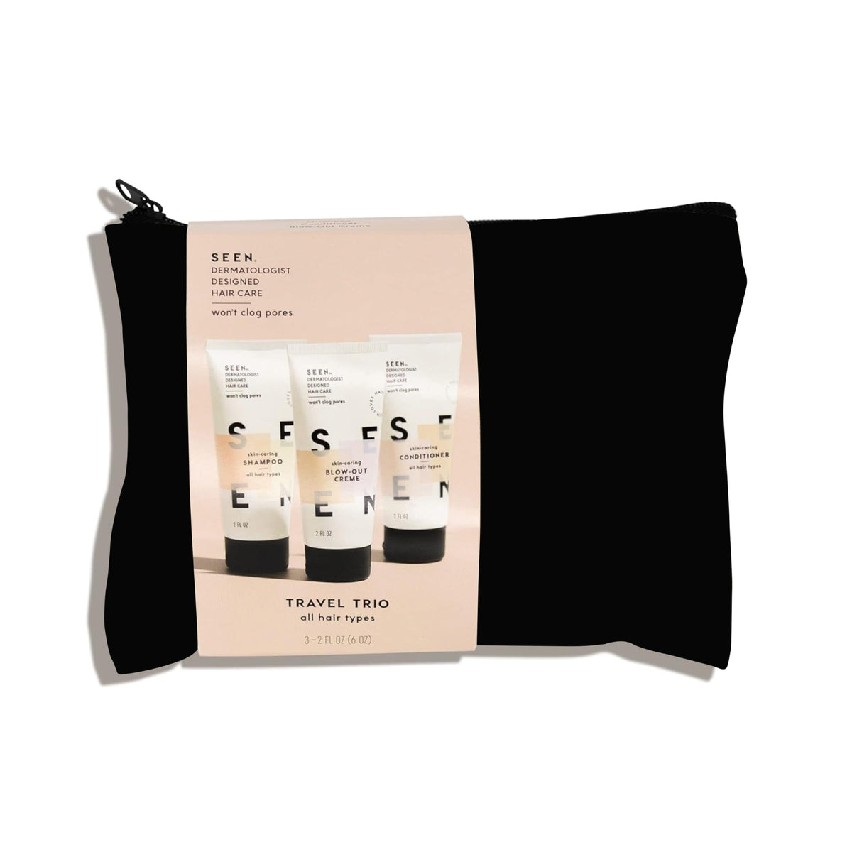 SEEN travel trio front packaging showing all three bottles for easy packing