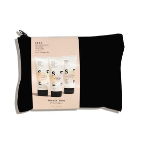 SEEN travel trio front packaging showing all three bottles for easy packing