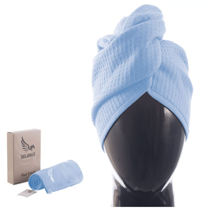 SELARUS front view of turban showing compact fold and label, fast-drying benefit