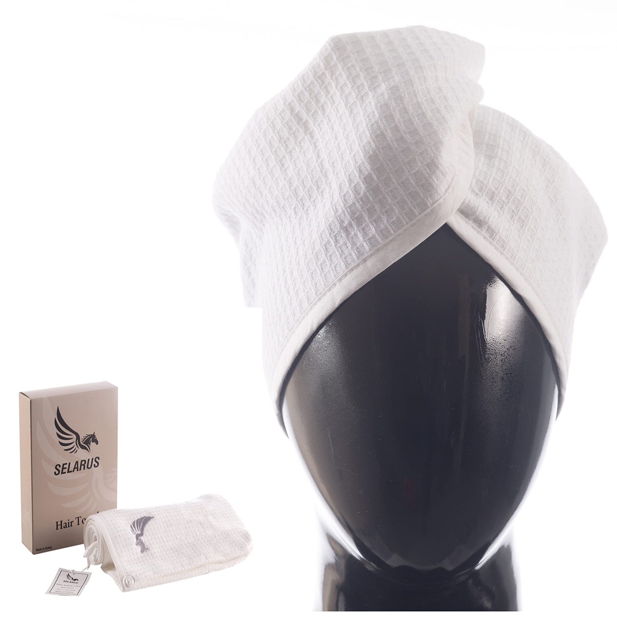 SELARUS front view turban showing white waffle texture and secure fit benefit