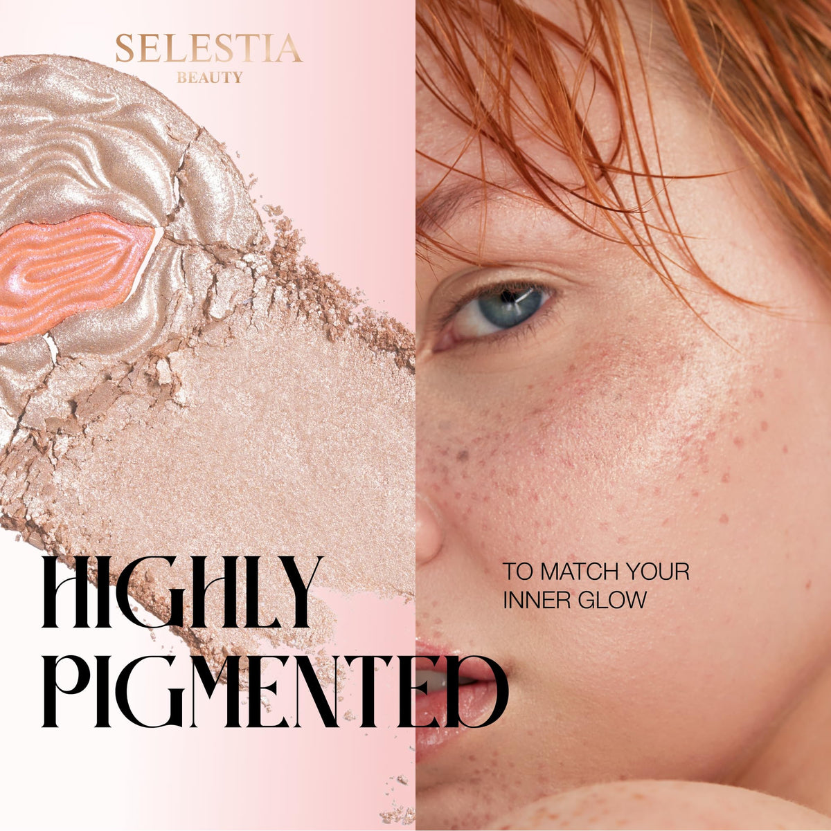 SELESTIA BEAUTY brush swipe across powder illustrating smooth application benefit