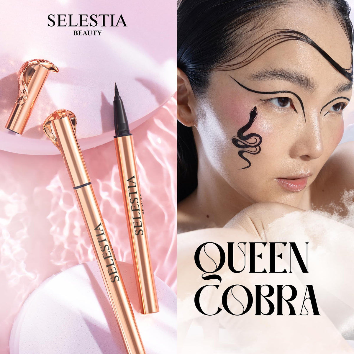 SELESTIA BEAUTY model showing sharp winged liner to illustrate long-lasting wear benefit