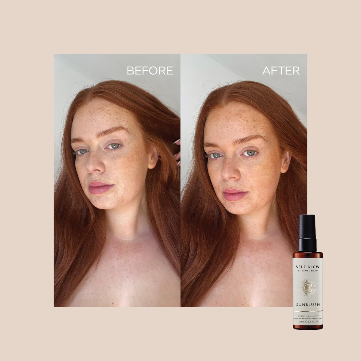 Self Glow by James Read face mist in use lifestyle shot showing refreshed complexion benefit