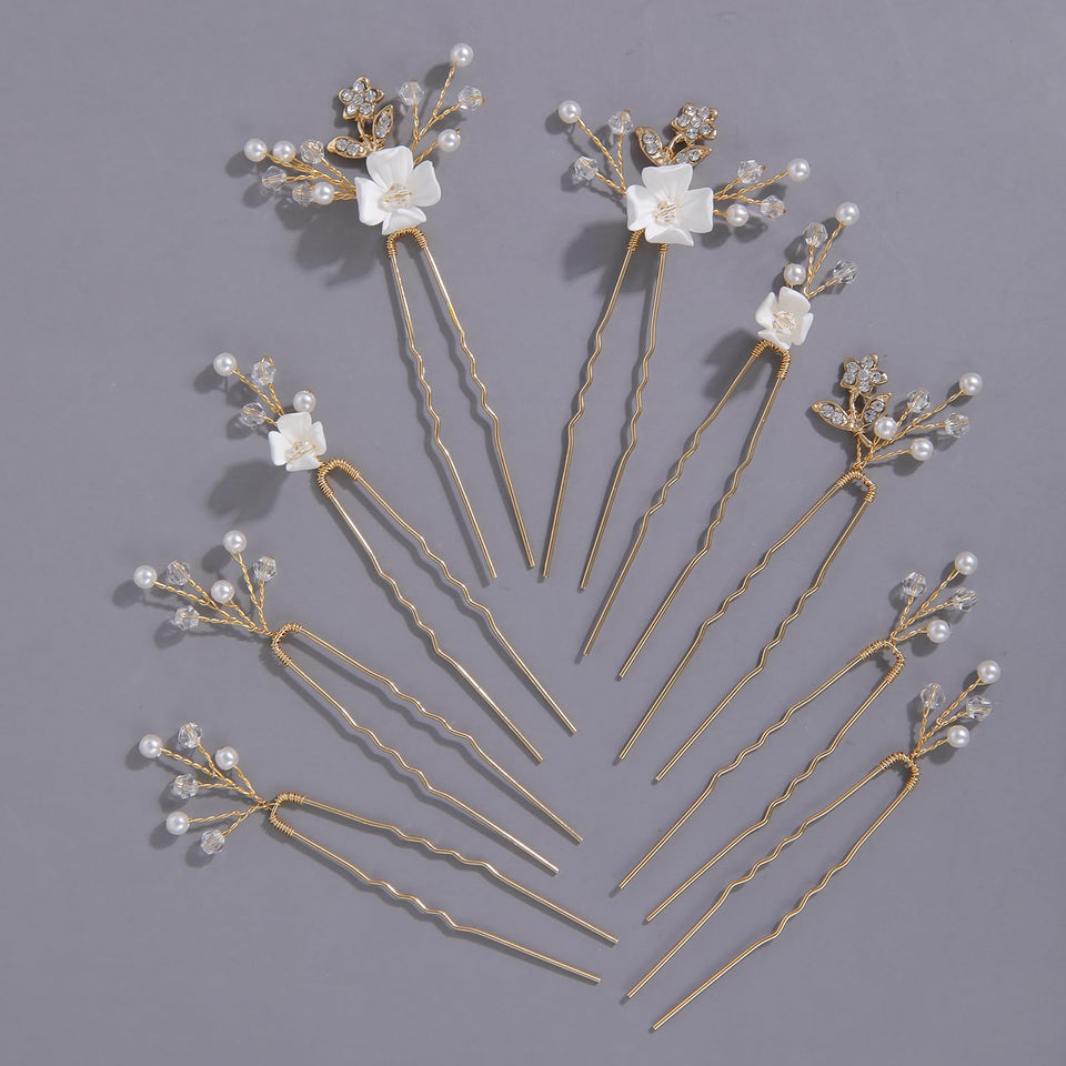SELFCLOUD front view of nine gold pearl hair pins showing elegant presentation and ready-to-use benefit