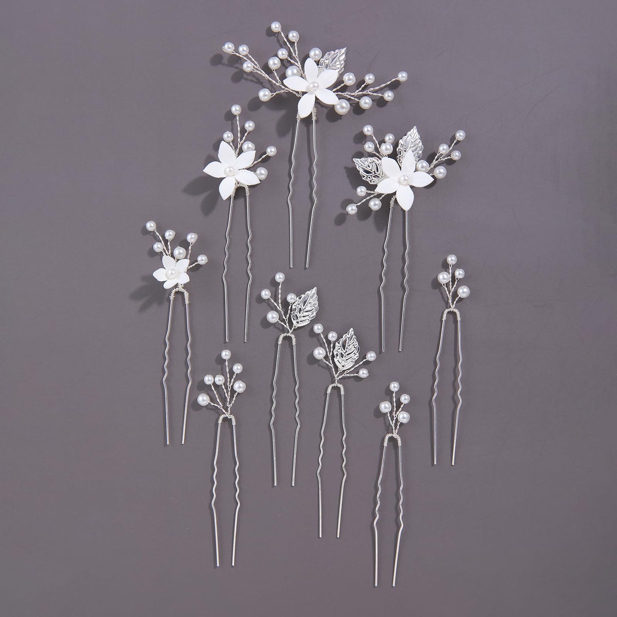 SELFCLOUD front view of nine silver pearl flower hair pins showing set layout and finish