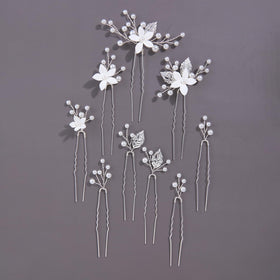 SELFCLOUD front view of nine silver pearl flower hair pins showing set layout and finish