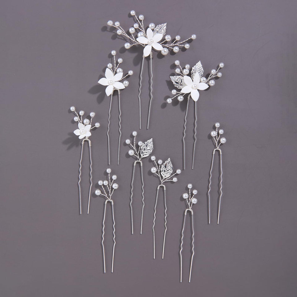 SELFCLOUD front view of nine silver pearl flower hair pins showing set layout and finish